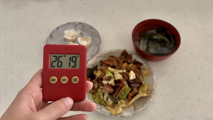 回鍋肉、えび焼売、中華スープの実際の調理時間は26分19秒