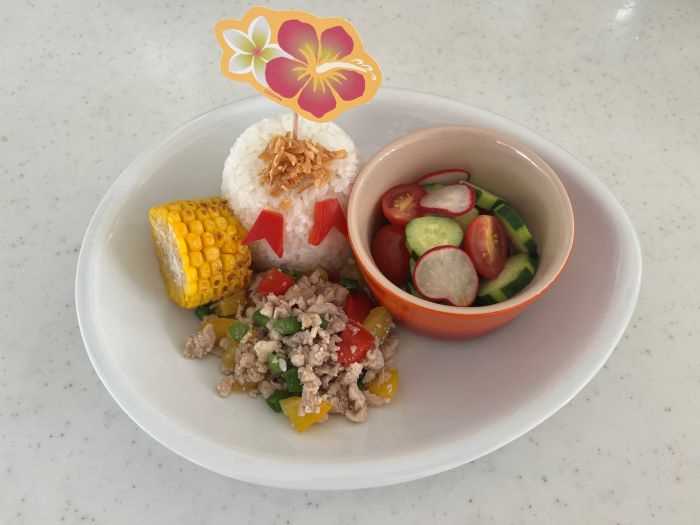 「＜アリエル＞塩だれそぼろハワイ風プレート、３種野菜のハニーマリネ」の完成写真