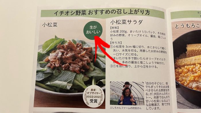 小松菜は『お届け食材を使って夏の食卓をたのしむレシピ』に「生がおいしい」と書いてあった